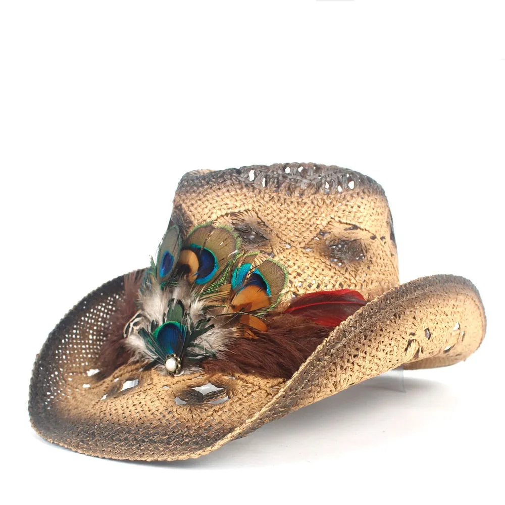 2022 Women Straw Hollow Western Cowboy Hat Lady Handmade Peacock Feather Sombrero Hombre Beach Cowgirl Jazz Sun Hat Size 56-58CM