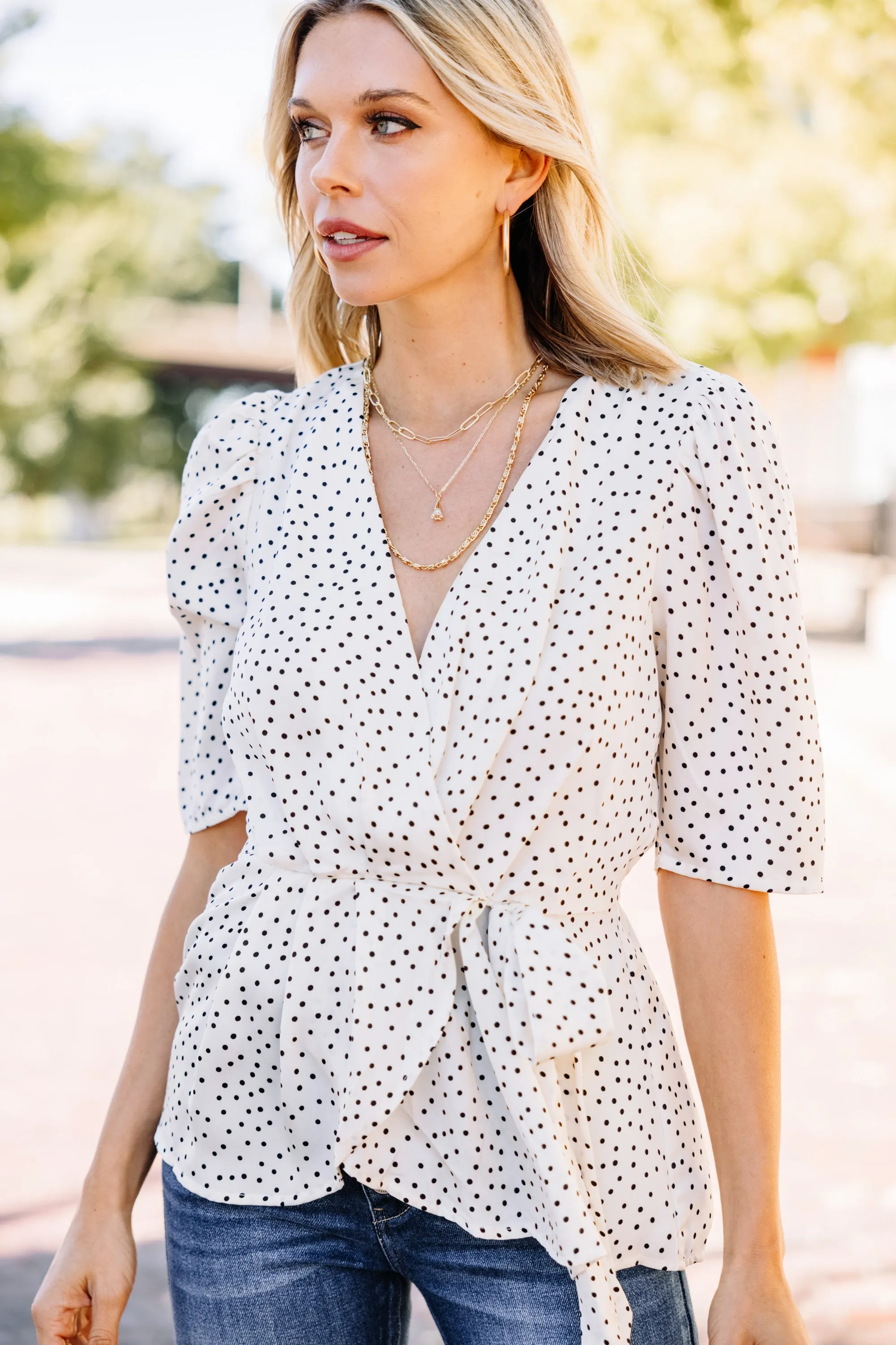 As Promised Ivory White Polka Dot Blouse