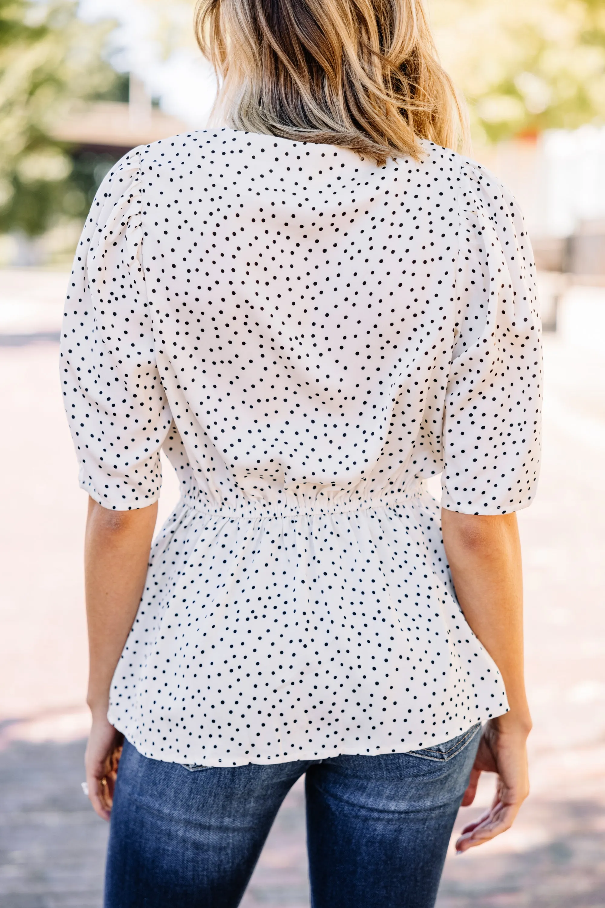 As Promised Ivory White Polka Dot Blouse