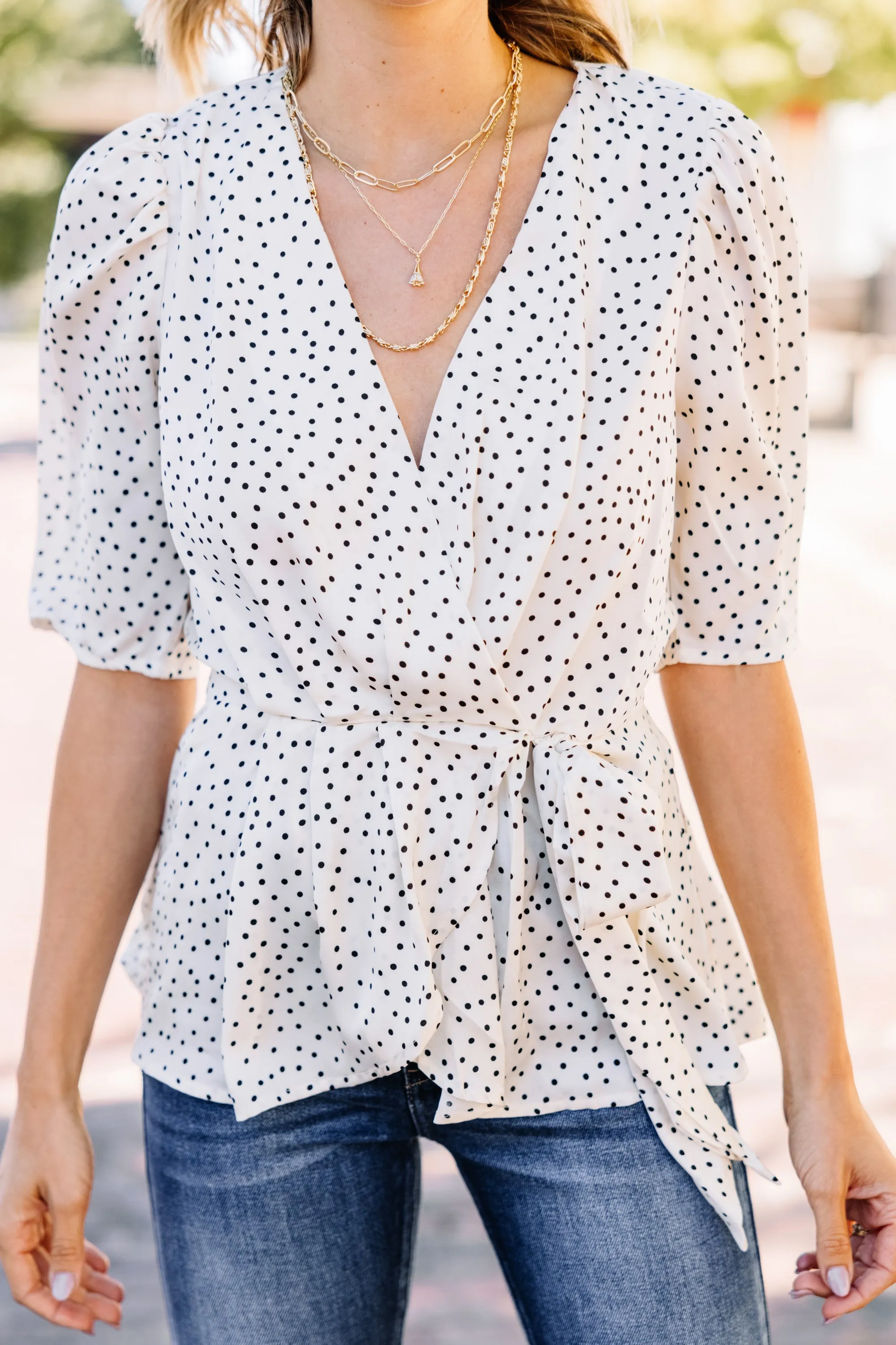 As Promised Ivory White Polka Dot Blouse