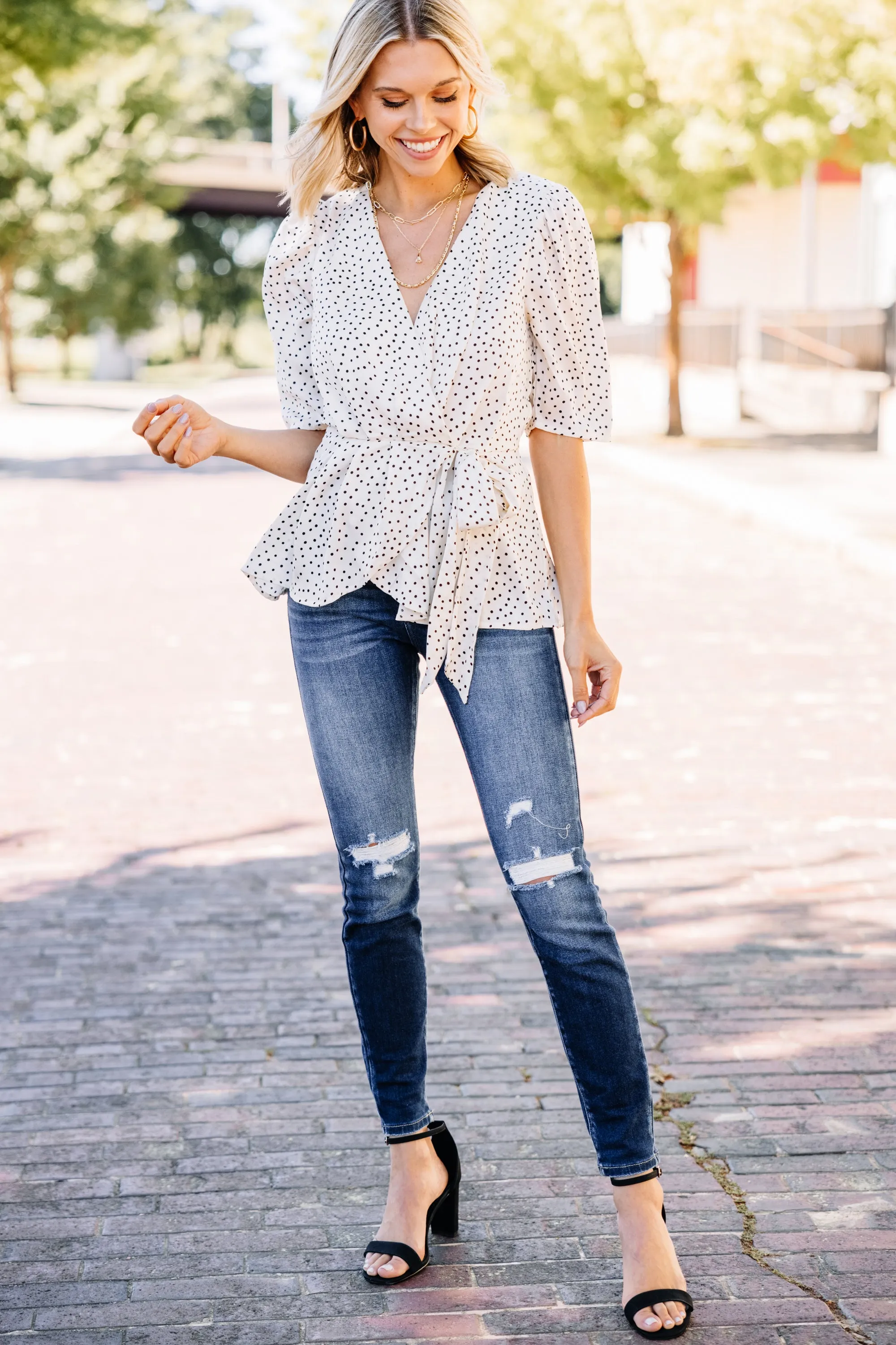 As Promised Ivory White Polka Dot Blouse