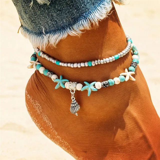 Beach Anklet | Beaded Anklet | Shell Beads Starfish Anklet | Bohemian Anklet | Boho Foot Chain | Women Foot Bracelet | Women Ankle Bracelet