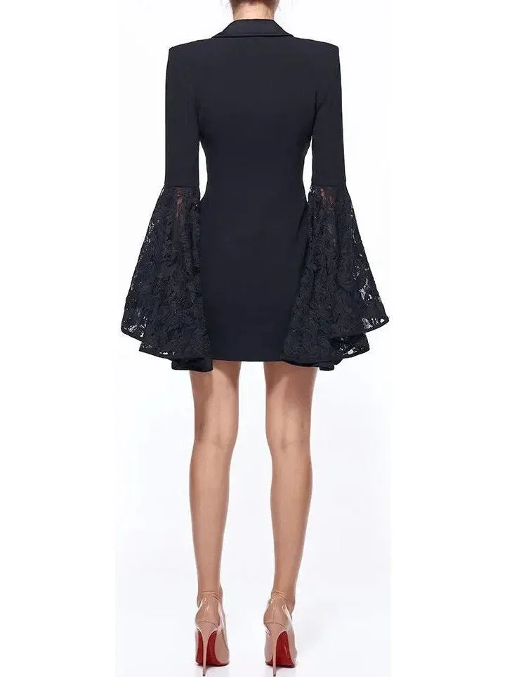 Black Double-Breasted Lace-Sleeve Blazer Dress