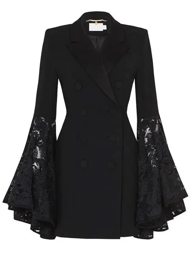 Black Double-Breasted Lace-Sleeve Blazer Dress