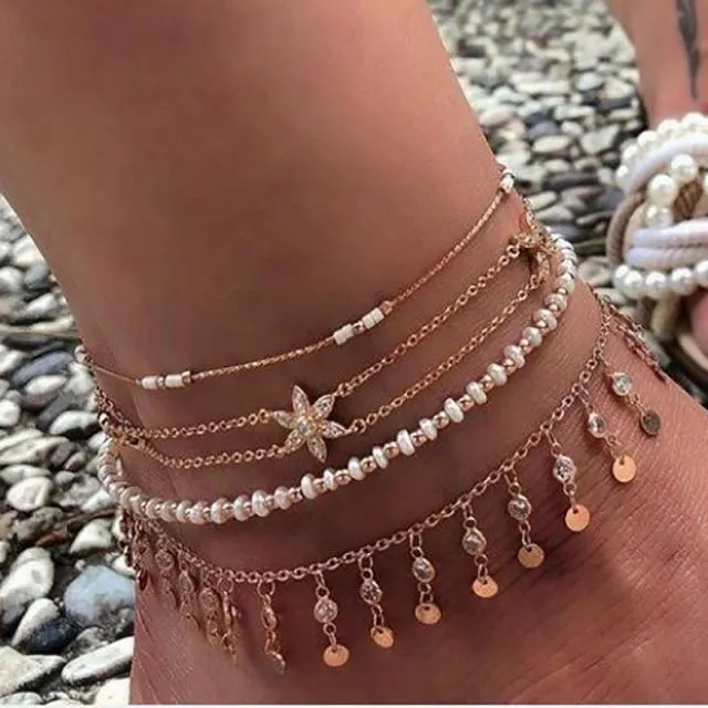 Bohemian Shell Anklet Bracelets Set Pearl Charms Anklet Foot Chain