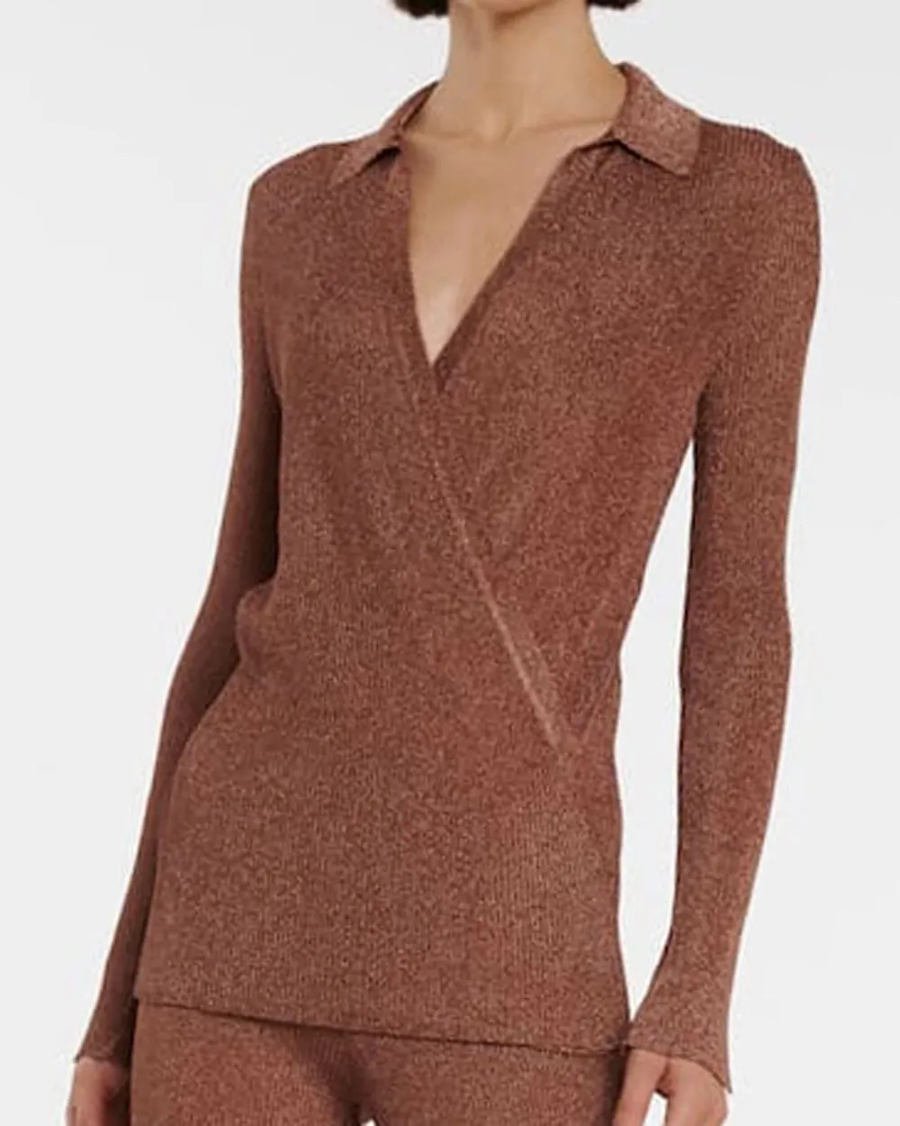 Brown Metallic Knit Wrap Top