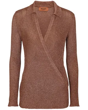 Brown Metallic Knit Wrap Top