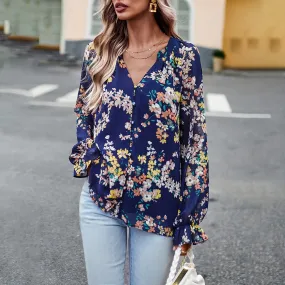 Button-Down Loose All-Match Long-Sleeved Floral Shirt Wholesale Women'S Top