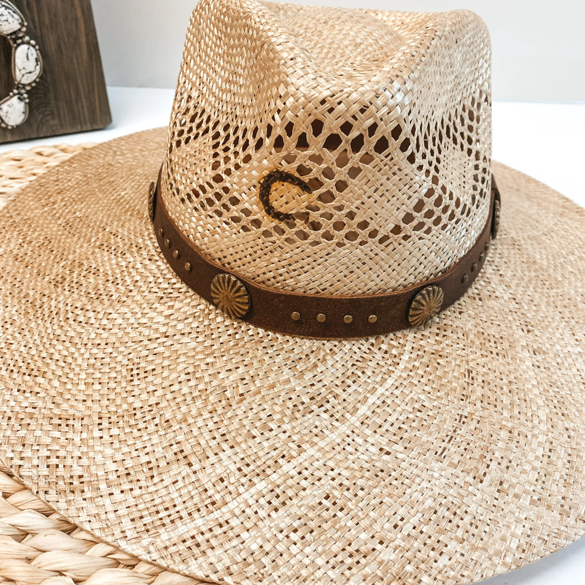 Charlie 1 Horse | Hair Trigger Straw Stiff Brim Hat with Brown Band and Conchos