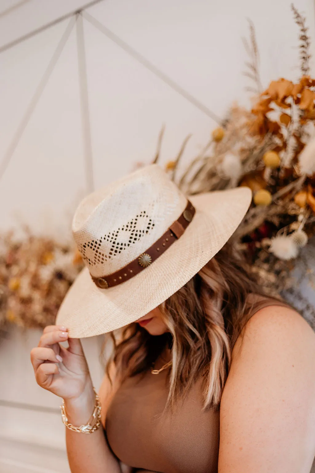 Charlie 1 Horse | Hair Trigger Straw Stiff Brim Hat with Brown Band and Conchos