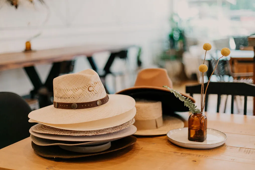 Charlie 1 Horse | Hair Trigger Straw Stiff Brim Hat with Brown Band and Conchos