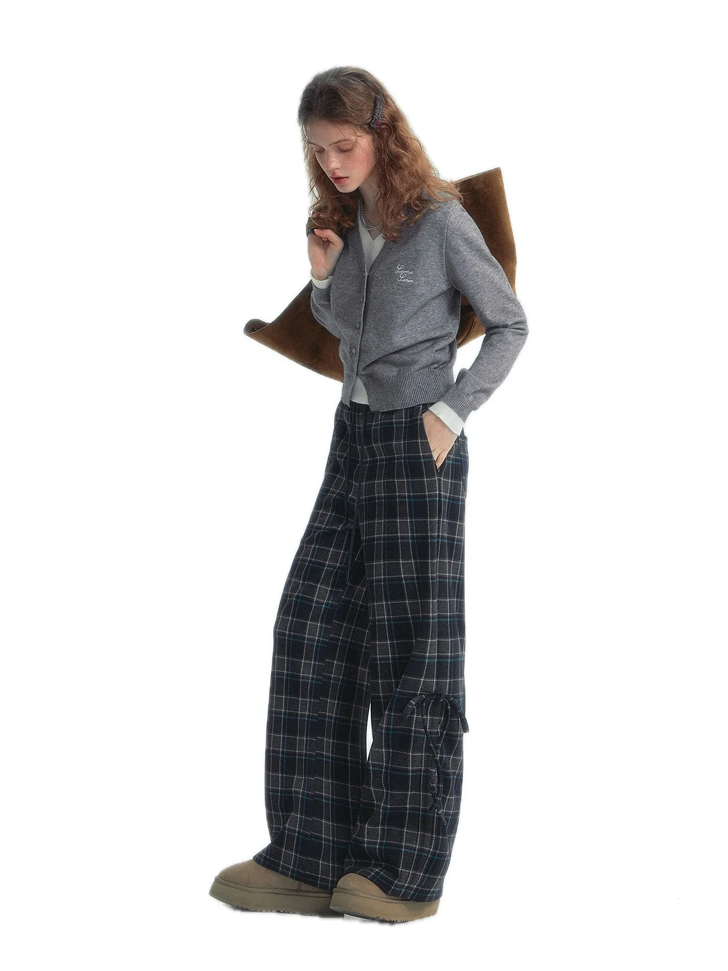 Checkered Drawstring Bow Trousers In Blue