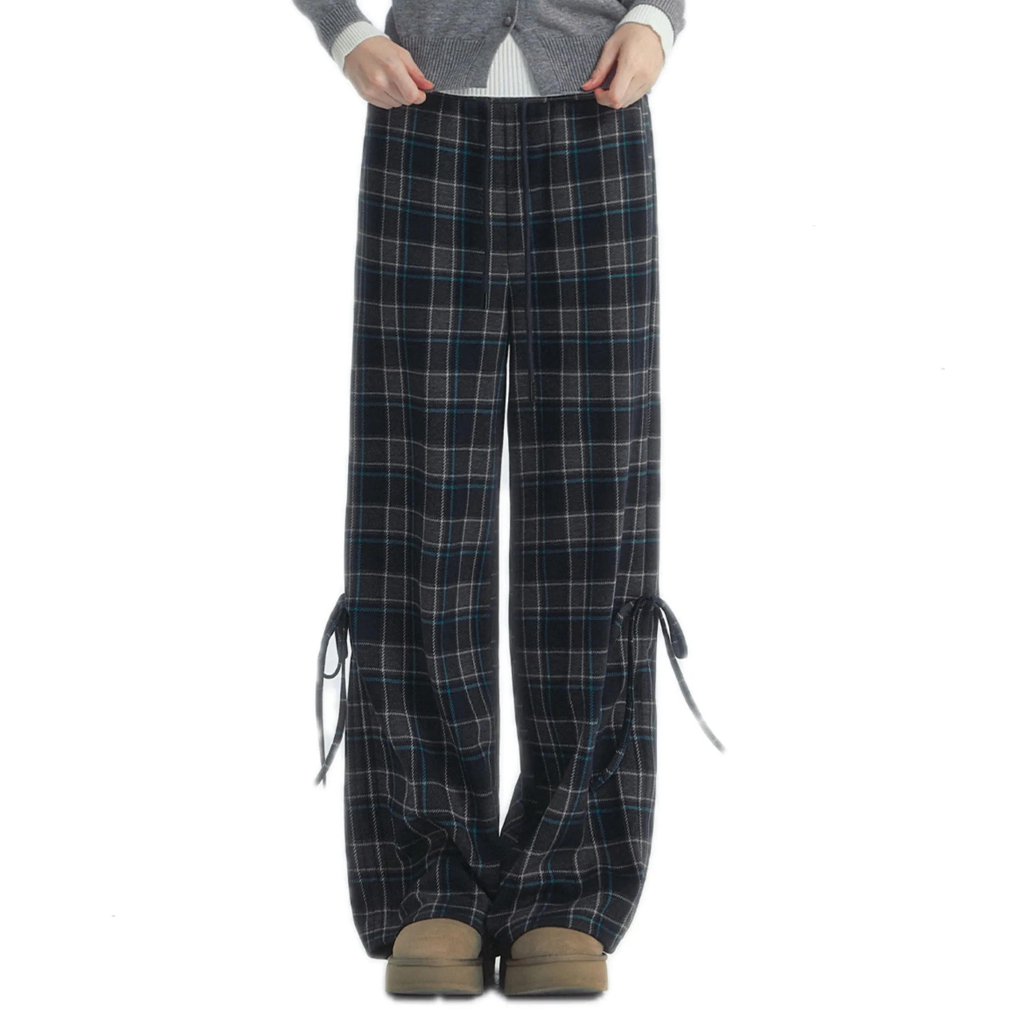 Checkered Drawstring Bow Trousers In Blue