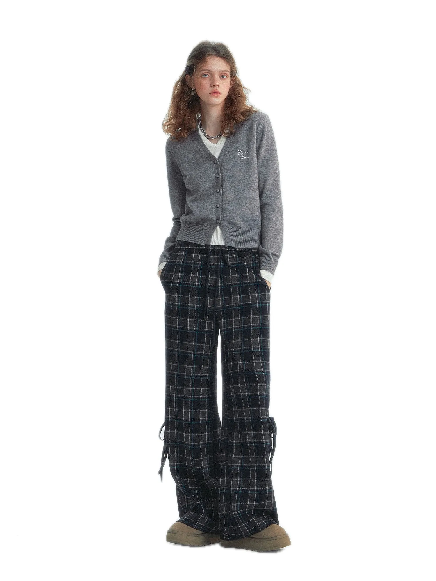 Checkered Drawstring Bow Trousers In Blue