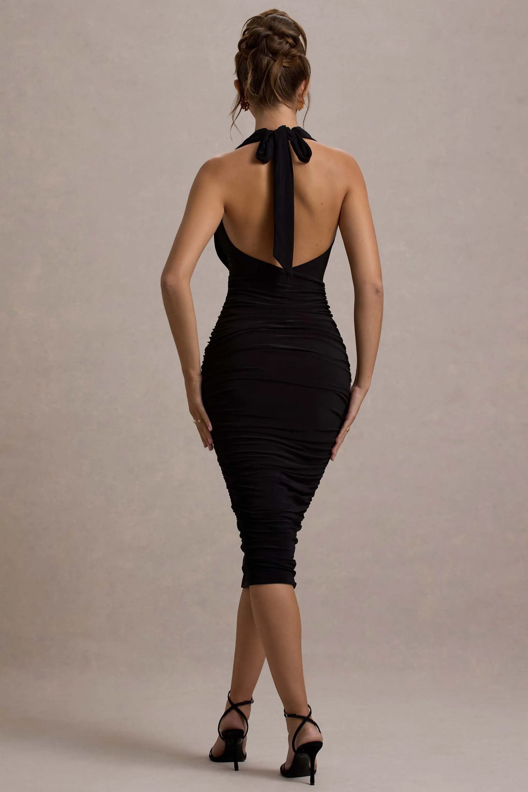 Coda | Black Ruched Plunge-Neck Midi Dress