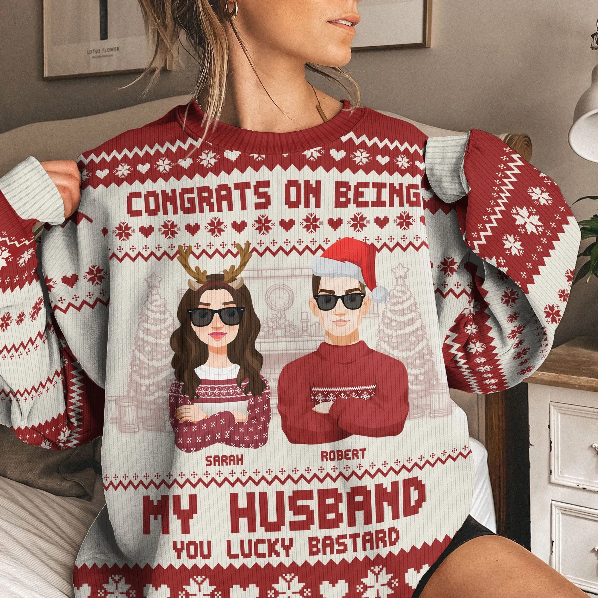 Congrats On Being My Husband Christmas Led Light - Personalized Photo Ugly Sweater