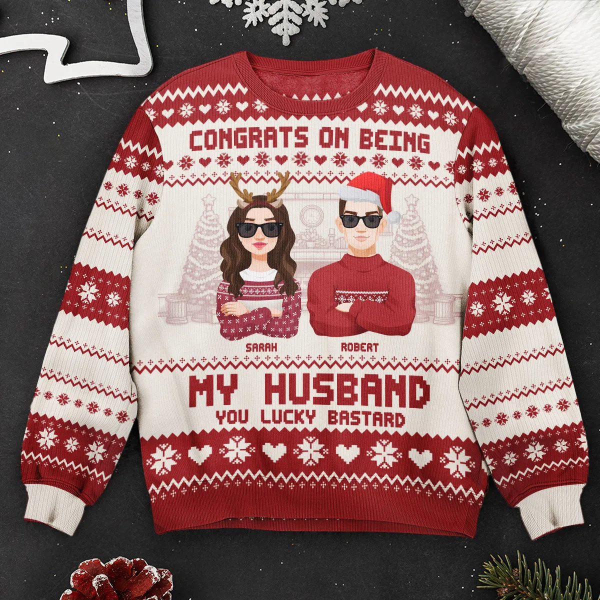 Congrats On Being My Husband Christmas Led Light - Personalized Photo Ugly Sweater