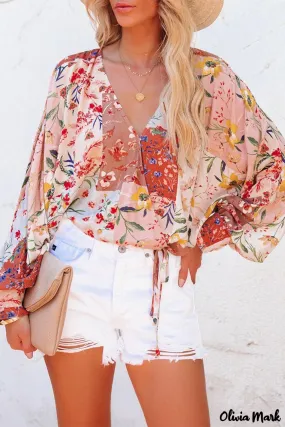 Deanwangkt - Multicolor Patchwork Floral Print V-Neck Wrap Blouse