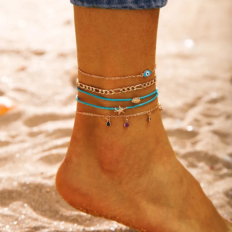 Fashion Creative Starfish Shell Eyes Color Rhinestone Anklet