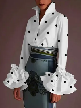 Flared Sleeves Falbala Polka-Dot Lapel Collar Blouses & Shirts Tops L 118369