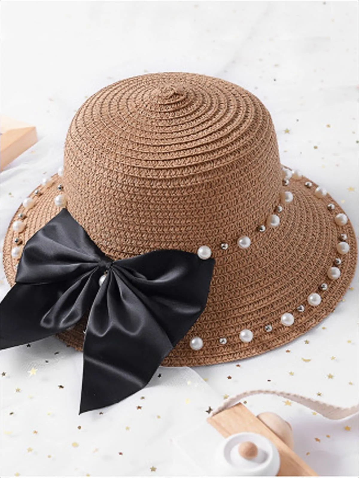 Girls Pearl and Bow Embellished Straw Hat