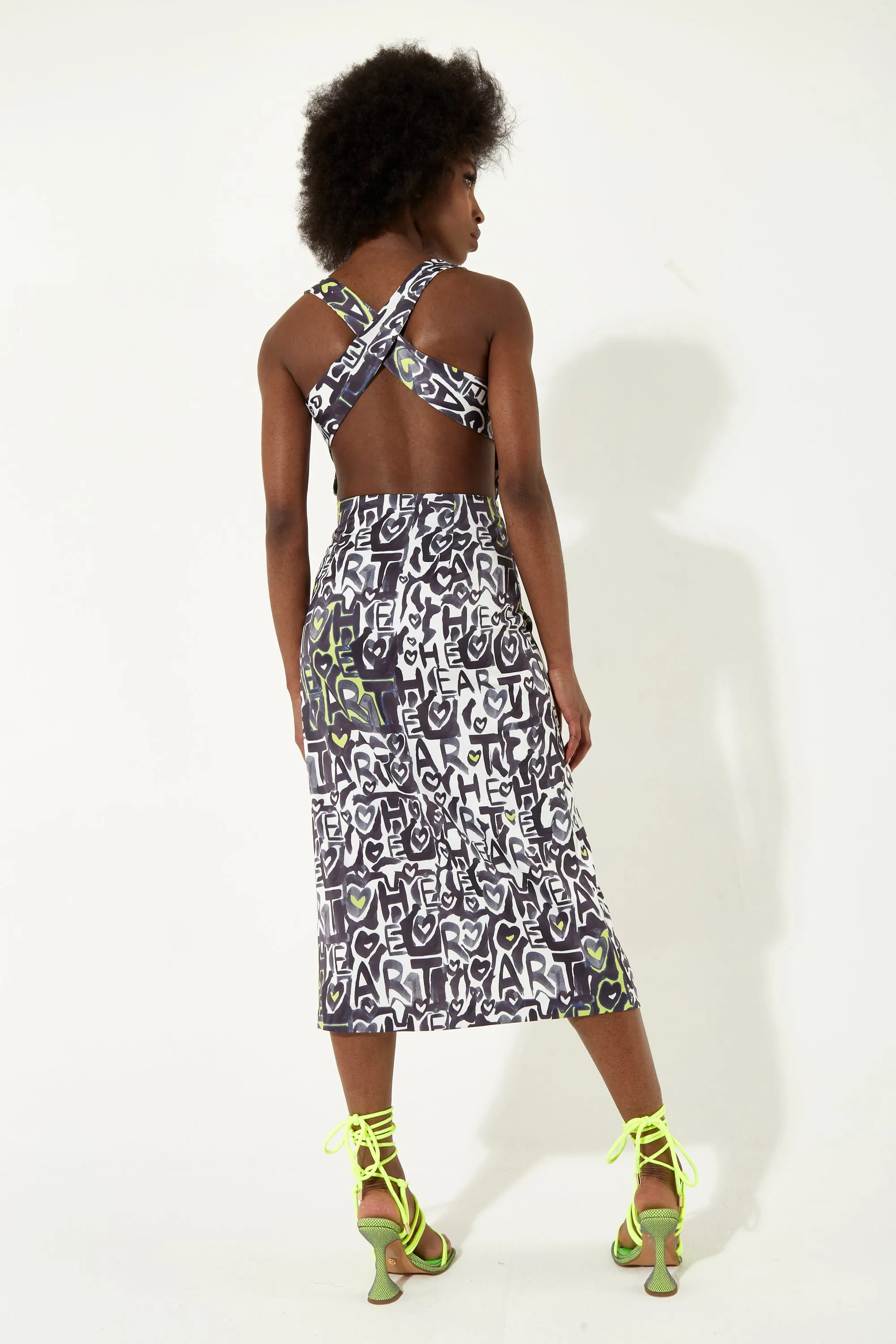 House Of Holland Abstract Print Midi Dress With An Open Crossed Back Detail