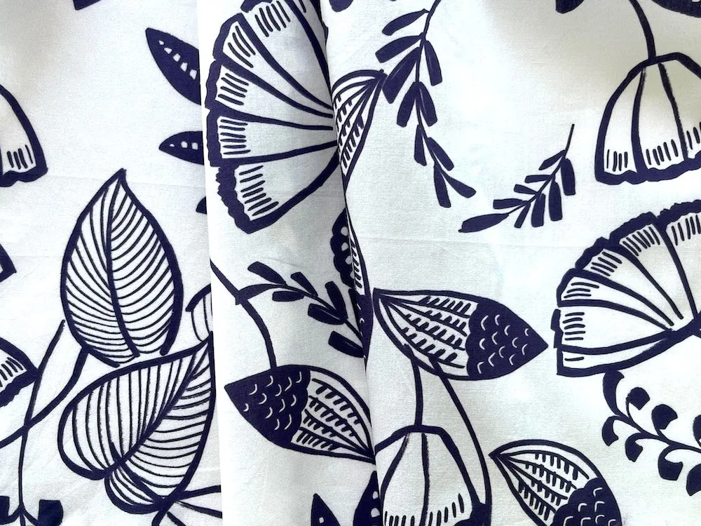 Indigo Summer Blossoms on White Cotton Poplin (Made in Italy)