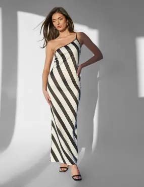 Kaiia One Shoulder Maxi Dress Monochrome Stripe