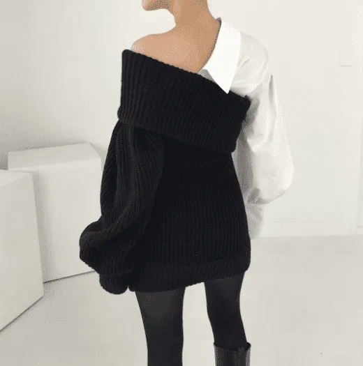 Knitted stitching fake two-piece slanted shoulder dress