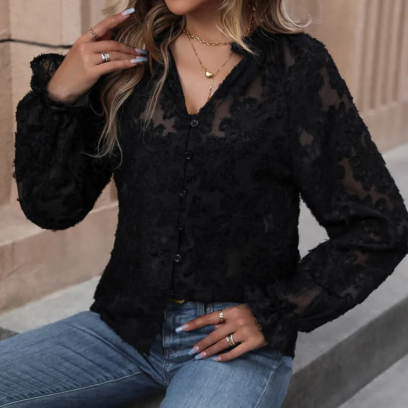 Long Sleeve Mesh Black Shirts Wholesale Womens Clothing N3824080900009