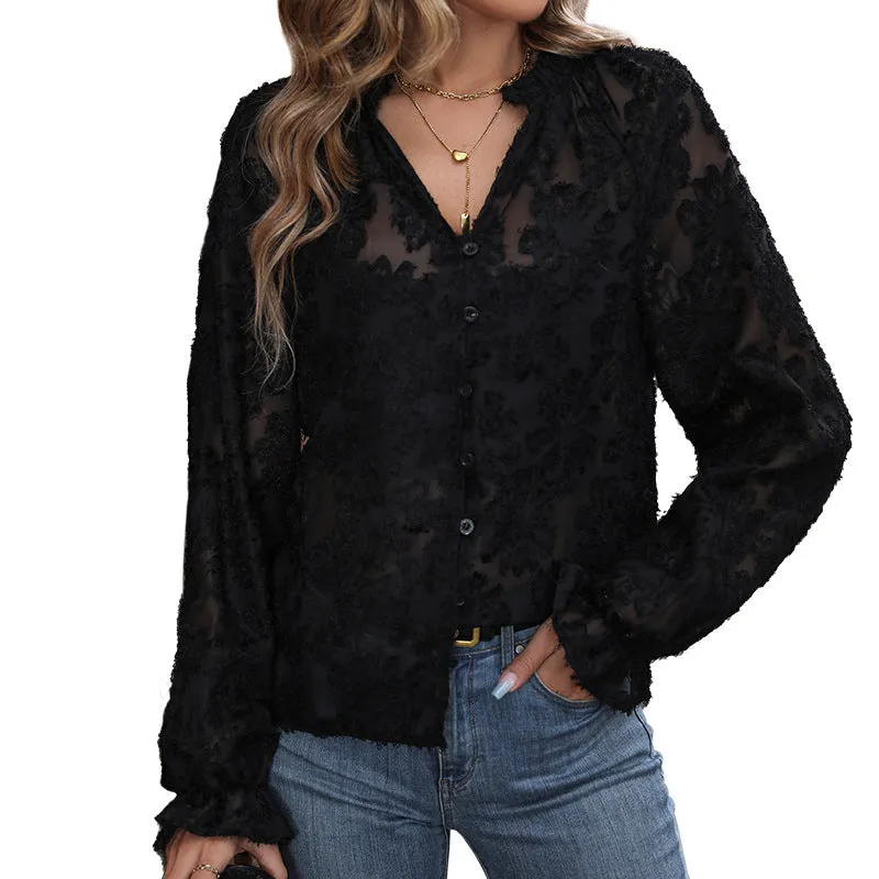 Long Sleeve Mesh Black Shirts Wholesale Womens Clothing N3824080900009