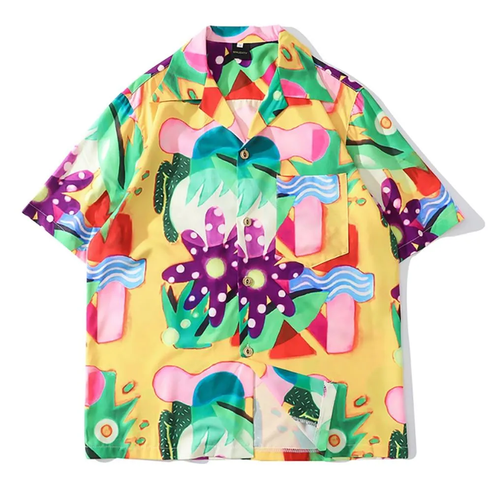 Mens Beach Printed Hawaii Beach Shirts Harajuku Streetwear Summer Short Sleeve Blouse Hip Hop