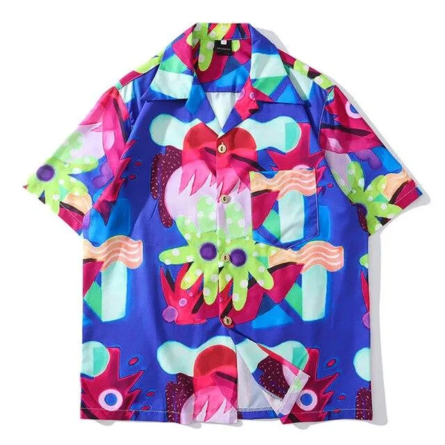 Mens Beach Printed Hawaii Beach Shirts Harajuku Streetwear Summer Short Sleeve Blouse Hip Hop