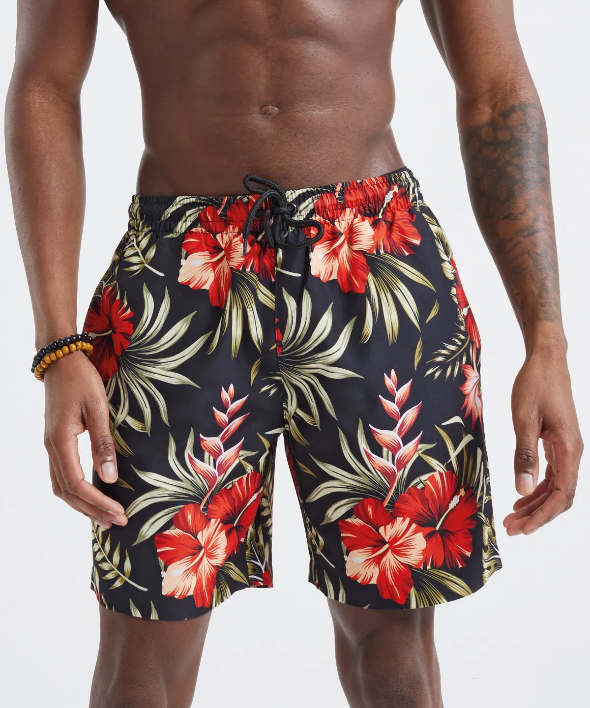 Mens swim shorts | White/Green Leaf