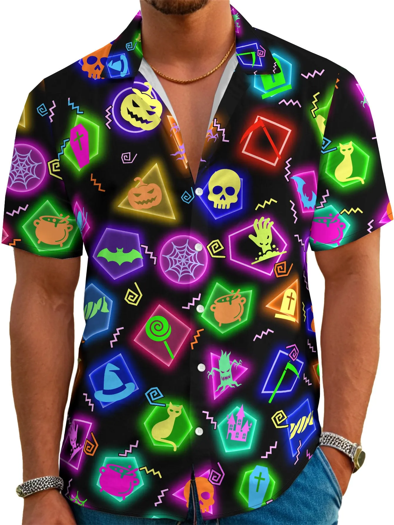 Men’s Tropical Button Shirt Skull Print Aloha Hawaiian Beachwear for Vacation and Party