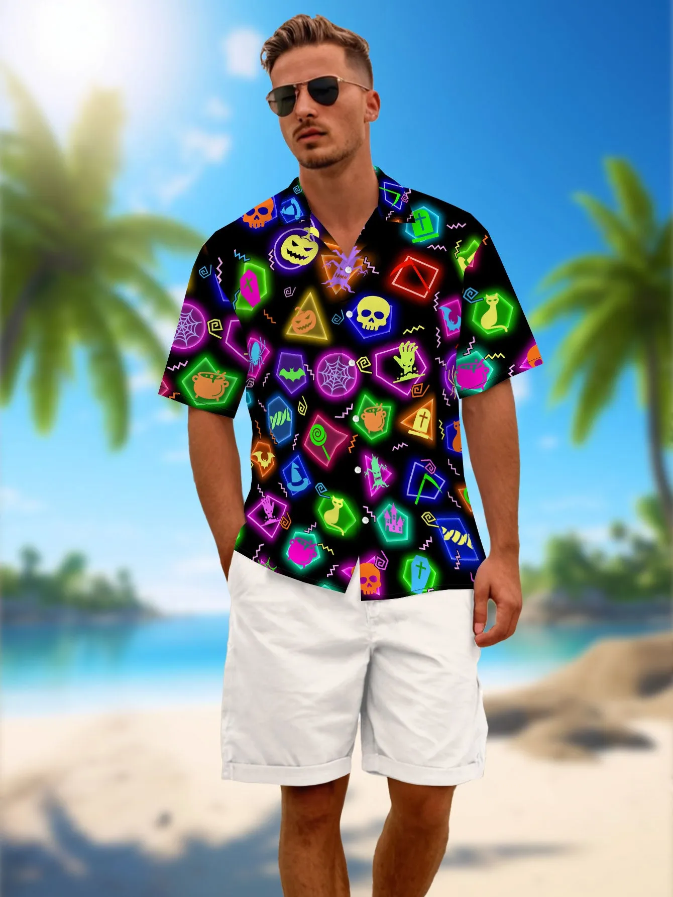 Men’s Tropical Button Shirt Skull Print Aloha Hawaiian Beachwear for Vacation and Party