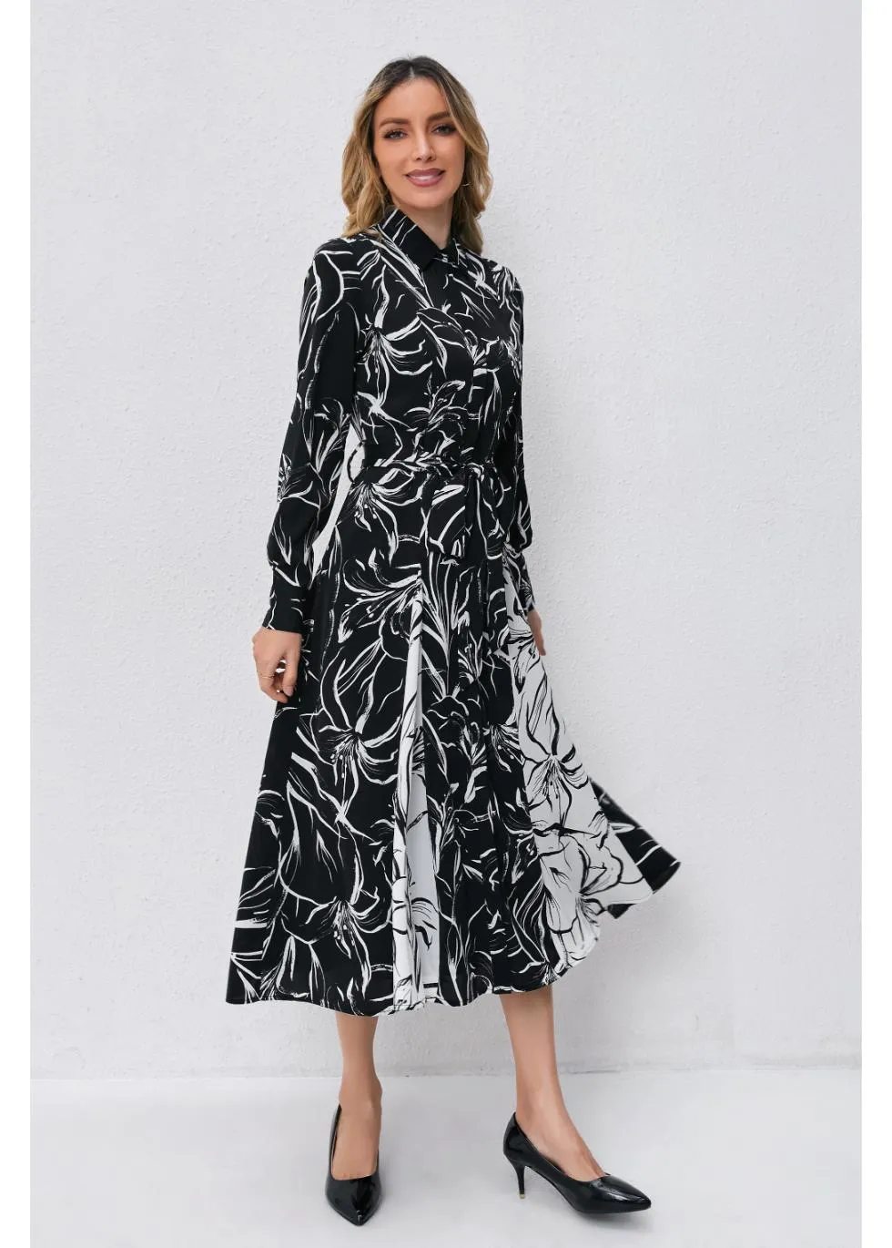 Monochrome Bloom Midi Dress