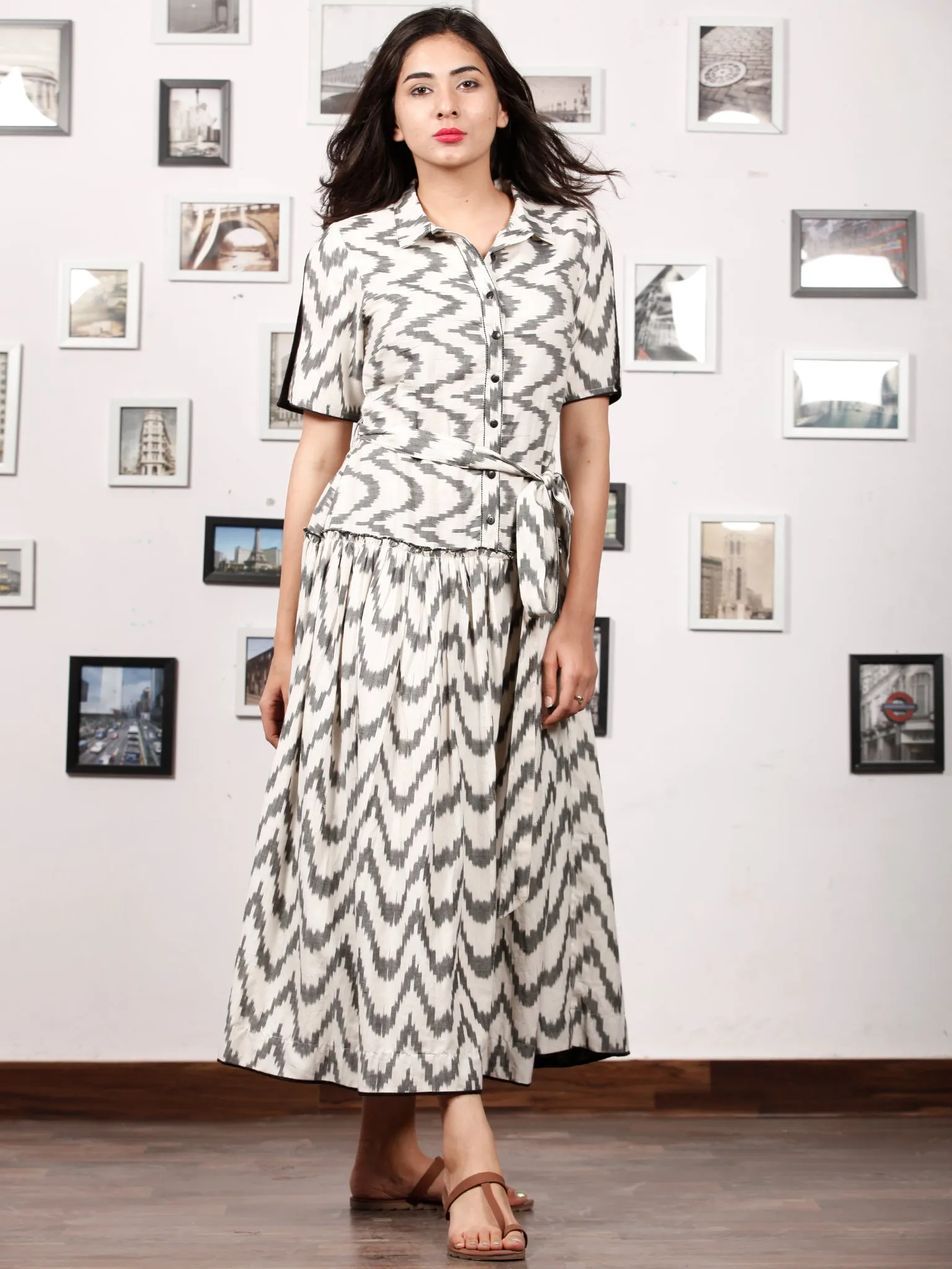 MONOCHROME PLAY - Handwoven Ikat Midi Dress - D324F1452