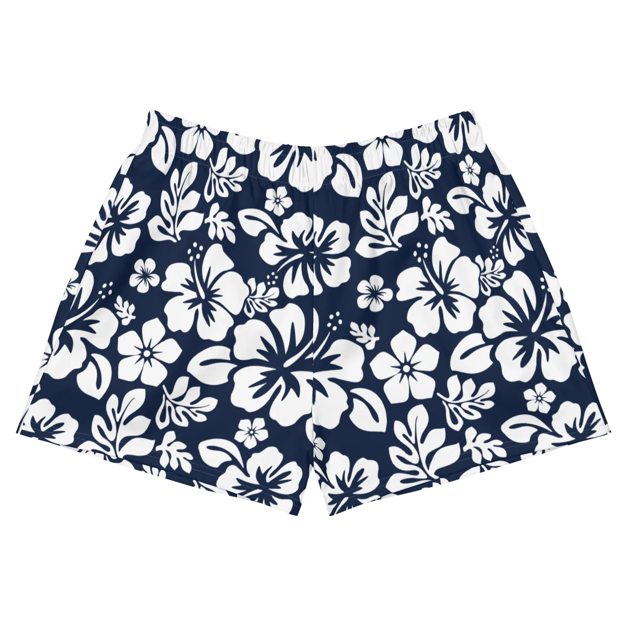 Navy Blue and White Hawaiian Flowers Women's Athletic Swim Shorts