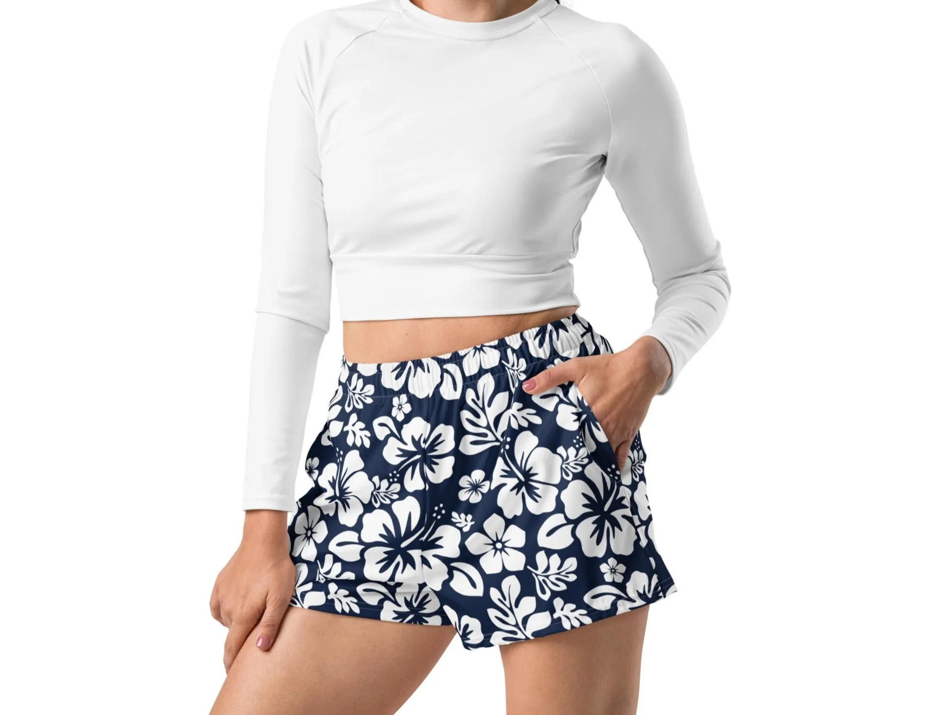 Navy Blue and White Hawaiian Flowers Women's Athletic Swim Shorts