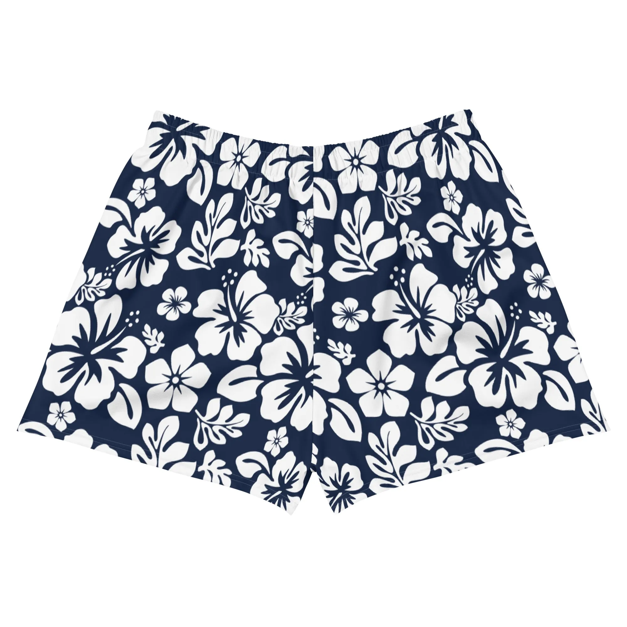 Navy Blue and White Hawaiian Flowers Women's Athletic Swim Shorts