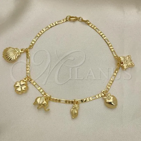 Oro Laminado Charm Anklet , Gold Filled Style Elephant and Shell Design, Polished, Golden Finish, 03.32.0606.10