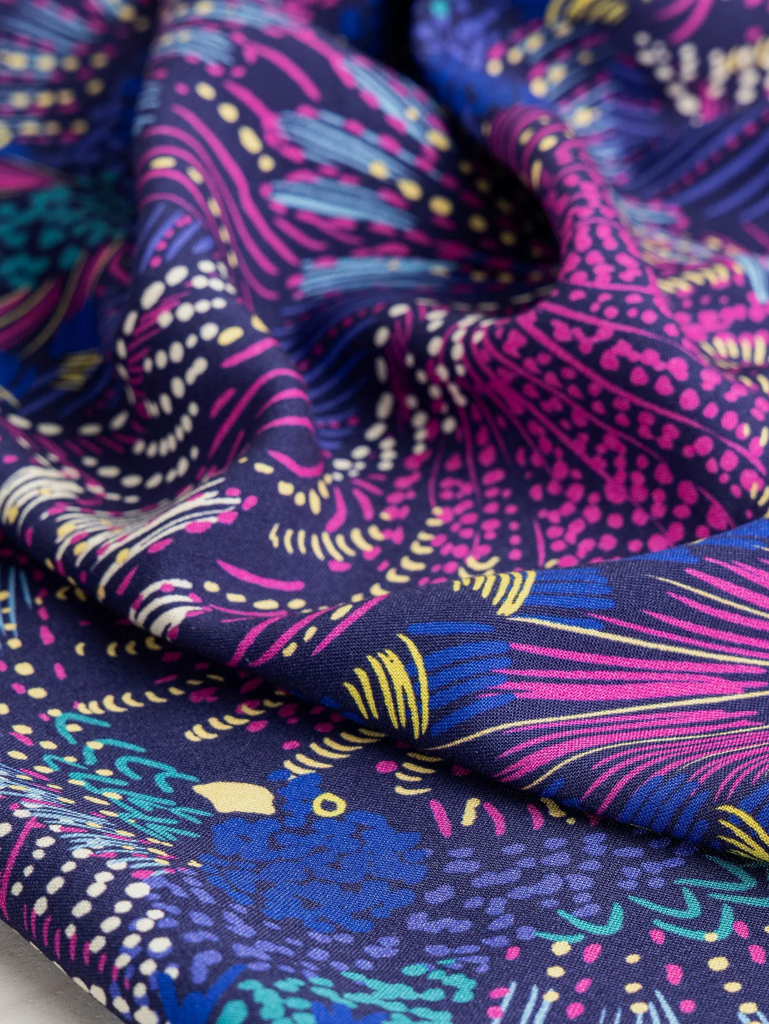 Peacock Print Viscose - Navy   Magenta   Yellow - Swatch