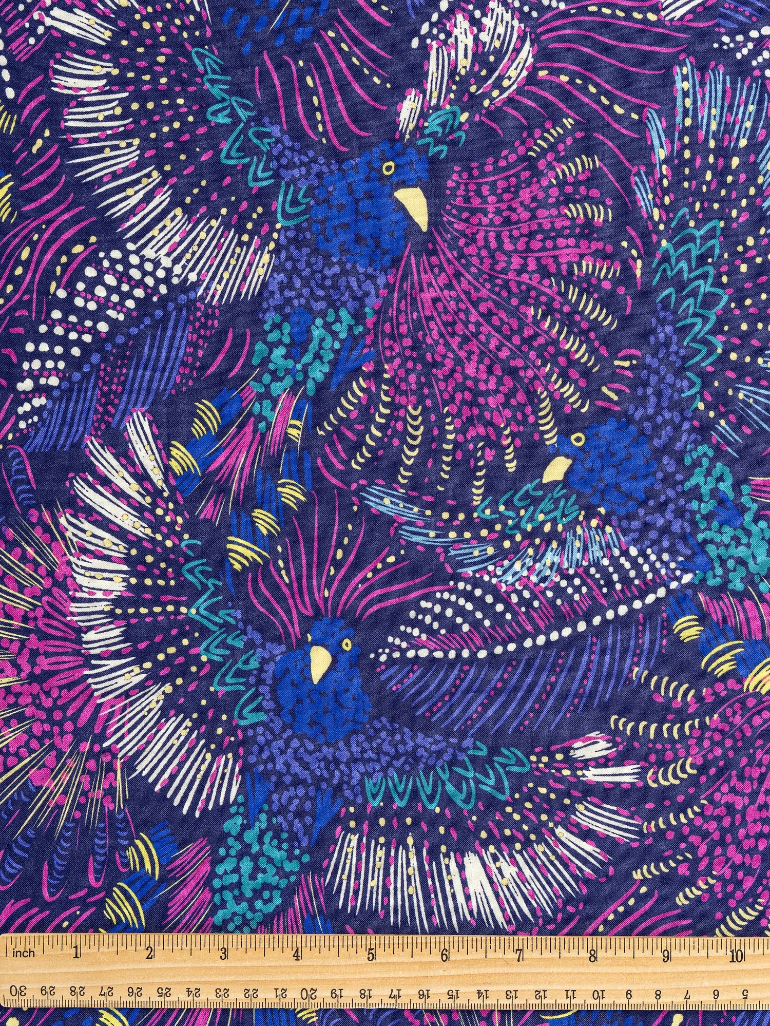 Peacock Print Viscose - Navy   Magenta   Yellow - Swatch