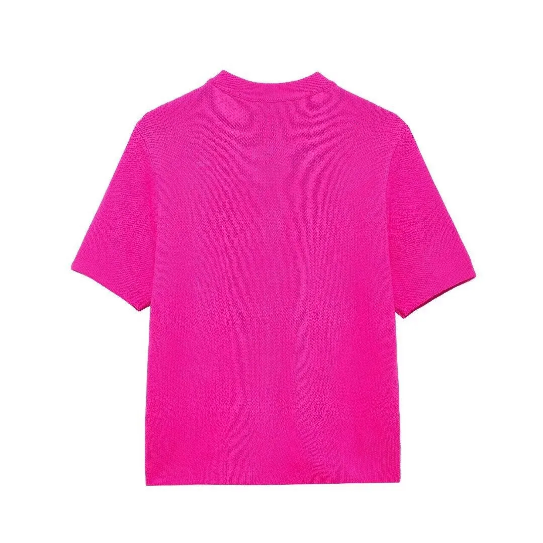 Pink Short Sleeve Knit V-neck Blouse