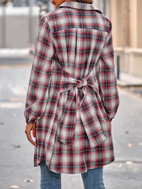 Plaid Loose Wrap Lapel Blouses&shirts Tops