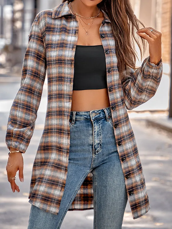 Plaid Loose Wrap Lapel Blouses&shirts Tops