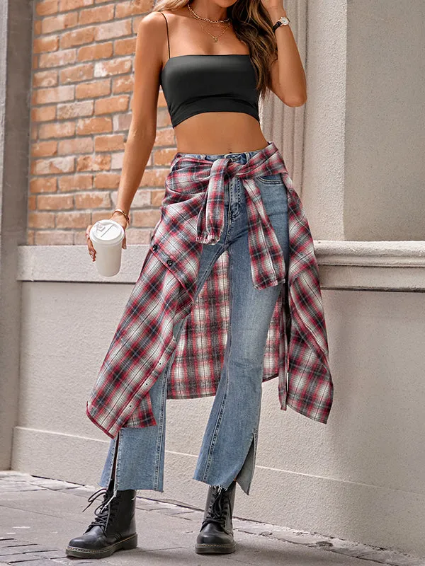 Plaid Loose Wrap Lapel Blouses&shirts Tops