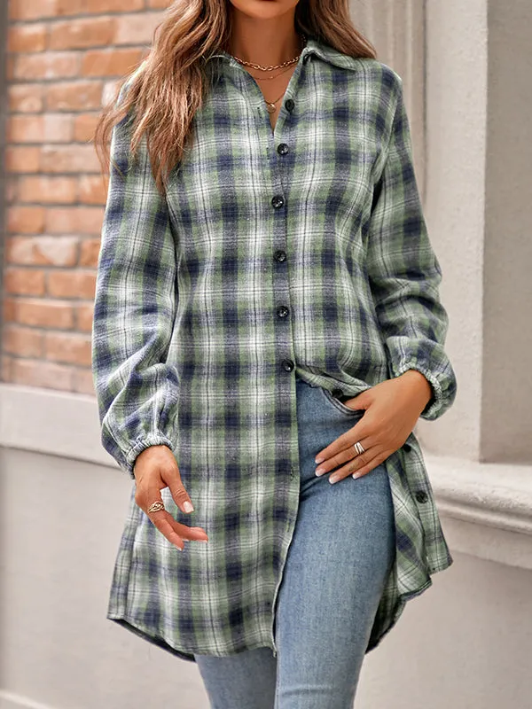 Plaid Loose Wrap Lapel Blouses&shirts Tops