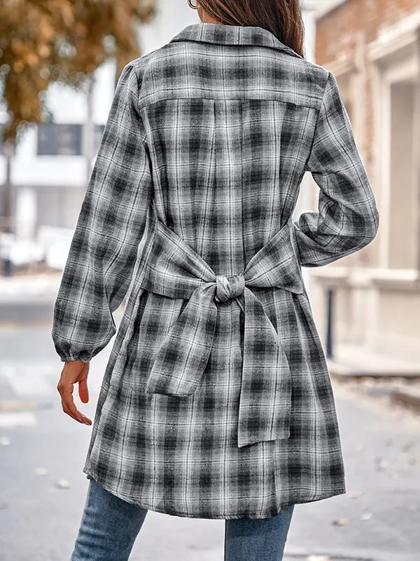 Plaid Loose Wrap Lapel Blouses&shirts Tops